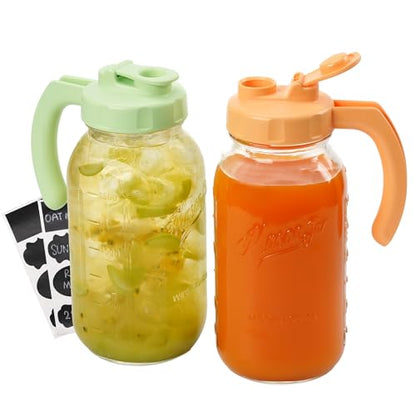 Soligt Glass Mason Jar Pitchers with Lids, Wide Mouth Flip Cap Pour Spout Leak-proof Lid with Handle, 64 oz/2 Quart, for Iced Coffee/Sun Tea Juice/Cold Brew/Milk (2 Pack, Tea Green + Carrot Orange) - color: Tea Green and Carrot Orange