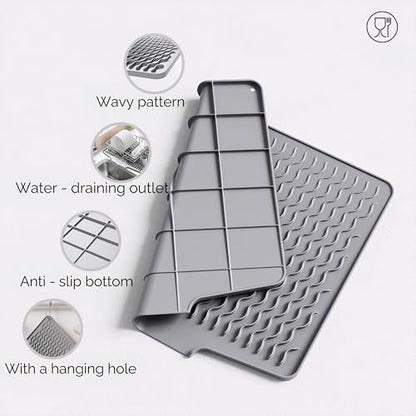 Silicone Dish Drying Mat for kitchen Countertop, Heat Resistant Mats, Dish Drainers for Kitchen counter, Hot Pot Holders, Dish Drying Rack with Built in Drain,(Gray, 15.6"x13") - color: Gray