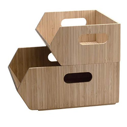 Mobilevision XL Versatile Bamboo Storage Bins for Pantry & Kitchen Cabinet Organizer Multi-Purpose / 2 Piece Stackable Set Larger Bins - size: Set (2 PC): 12" x 10" x 5.25", 8.25" x 10" x 4.5"