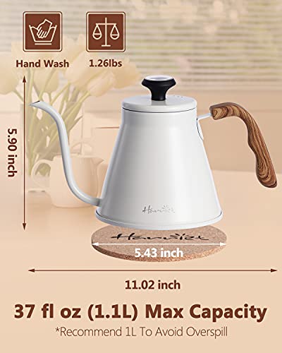 Harriet Gooseneck Kettle with Thermometer for Pour Over Coffee and Tea, 37 fl oz, Stainless Steel, Durable 3-Layer Base, Ideal Spout for Precision Pouring, Compatible with all Stove Tops, White - color: White