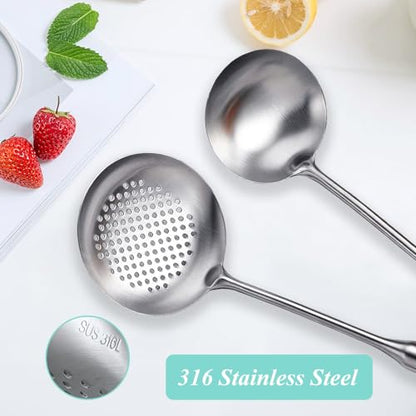 Soup Ladle and Slotted Spoon Set of 2, Metal 316 Stainless Steel Kitchen Ladles Food Strainer, Large Cooking Ladel and Fryer Scoop Kitchen Utensil Set for Stirring Serving Draining Frying - style: 2PCS