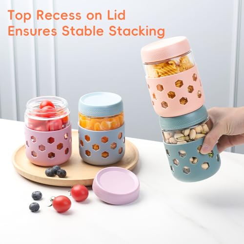 Gemice 6-Pack 16oz Glass Mason Jars with Silicone Sleeves, Airtight BPA-Free Overnight Oats Containers with Lids, Dishwasher Safe Leak-Proof Meal Prep Jars for Chia Pudding, Yogurt, Snacks - color: Retro Pastel, size: 16oz, 6-Pack