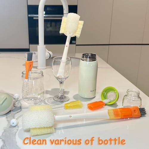 5 in 1 Bottle Cleaning Brush Set, Detail for Baby Bottle Cleaner | 5 in 1 Multifunctional, Cup Lid Clean Brushes, Straw Cleaner, Detail for Baby Bottle Nipple, Sponge Bottle Cleaner - color: Orange & Green