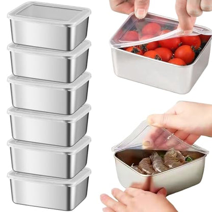 6PCS Stainless Steel Food Containers with Lids, 600ml Stackable Reusable Pizza Dough Proofing Boxes for Lunch, Meal Prep, Leftovers, Fruits Storage