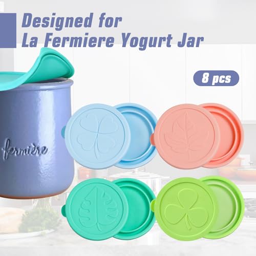 Yogurt Jar Lids for La Fermiere, 8 Pack LFGB Platinum Silicone Covers, Snug Fit Reusable Replacement Lids, Dishwasher Safe - color: Multi