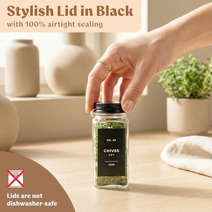 EDELHAUS Glass Spice Jars with Label and Black Aluminium Lids (24 x 4oz) Spice Containers with 240 Labels, Shaker Inserts, Steel Funnel, Empty Square Seasoning Organizer (Black Aluminium Lid) - color: Black Aluminum Lid