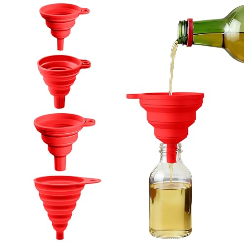 4PCS Silicone Collapsible Funnels Set for Kitchen Use Compact and Portable Liquid Transfer Tool, Collapsible Gadgets(Red) - color: 4PCS-Red