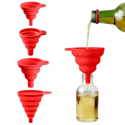 4PCS Silicone Collapsible Funnels Set for Kitchen Use Compact and Portable Liquid Transfer Tool, Collapsible Gadgets(Red) - color: 4PCS-Red