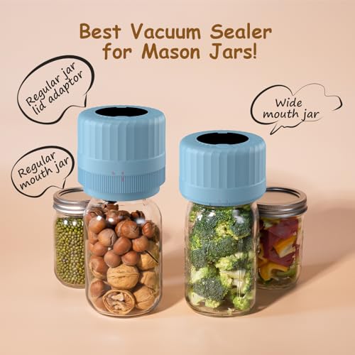 HTPOW Mason Jar Vacuum Sealer, Auto Sealing for Regular and Wide Mouth Jars | Meal prep, food storage, one-touch operation, regular and wide mouth jars, 1300mAh battery, reusable lids - color: Blue