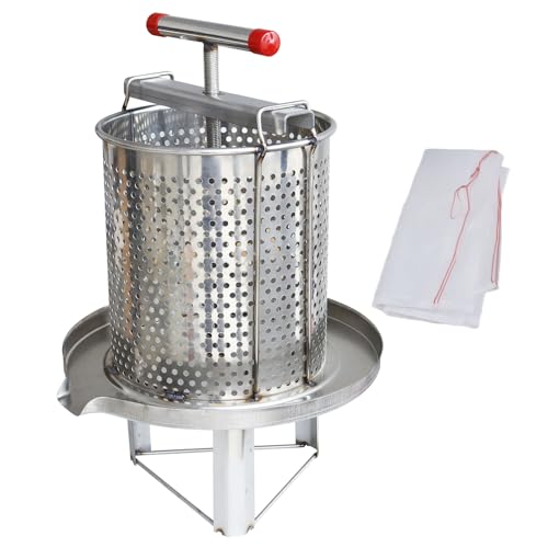 Stainless Steel Manual Honey Press with Nylon Mesh Bag – 10L Large Capacity Fruit Press and Beeswax Extractor for Beekeeping, Home Wine Making, and Juice