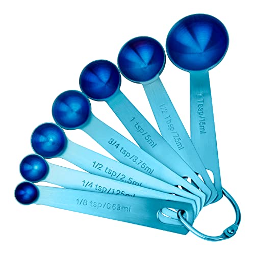 Measuring Spoons, SUS304 Stainless Steel Measuring Cups Set of 7 Piece： 1Tbsp&1/2Tbsp,1tsp,3/4tsp,1/2tsp,1/4tsp,1/8tsp Teaspoon Coffee Scoop Tablespoon for Dry and Liquid Ingredients, Blue - color: Blue
