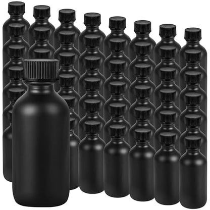 Small Glass Bottles with Lids Boston Round Shot Bottles for Health, Immunity, Ginger Juice, Essential Oils, Potion - Leak Proof Mini Travel Containers (Black Frosted, 2oz-48Pack) - color: Black Frosted, size: 2oz-48Pack