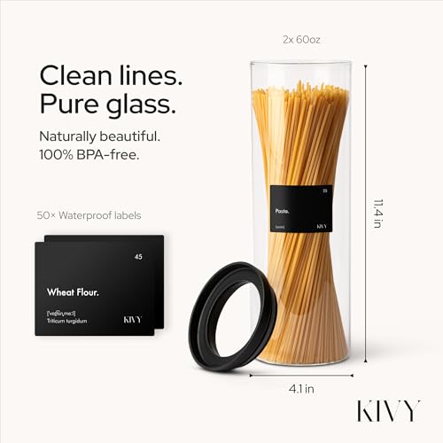 KIVY Airtight glass jars with transparent Glass Lid [2x 60oz] Glass airtight food storage containers - Pasta containers storage - Spaghetti container - Pasta containers for pantry flour Jar - size: 60oz * 2