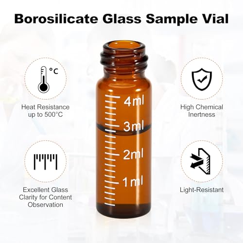 FOUR E'S SCIENTIFIC 100 Pack 4ml Glass Graduated Vials, 1 Dram Amber Small Sample Vials with Plastic Screw Caps Borosilicate Glass Sample Bottles for Liquid Powder Storage - color: Amber