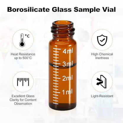 FOUR E'S SCIENTIFIC 100 Pack 4ml Glass Graduated Vials, 1 Dram Amber Small Sample Vials with Plastic Screw Caps Borosilicate Glass Sample Bottles for Liquid Powder Storage - color: Amber