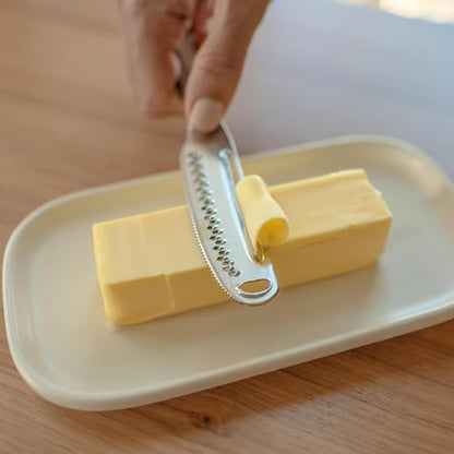 Ready Butter Pro 3-in-1 18/10 Stainless Steel Butter Knife & Cheese Slicer | Balanced 6" handle, beveled edge slices cheese, serrated edge, grate and curl, extra-sharp micro graters, spreads cold butter - style: Ready Butter Pro