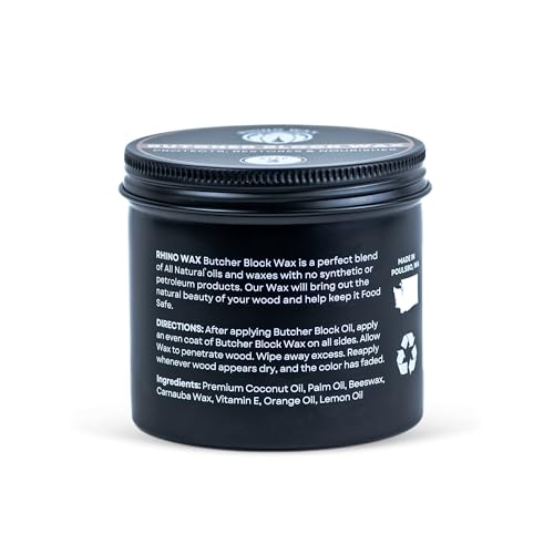 Rhino Wax Butcher Block Conditioner Wax - Large Size (8oz) - Natural Blend of Oils & Waxes (NO Mineral Oil) - Conditions, Seals, Protects, Food Safe - Butcher-Block Countertops - Made in the USA - size: 8 Ounce