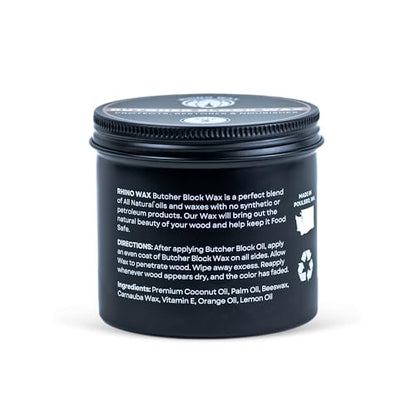 Rhino Wax Butcher Block Conditioner Wax - Large Size (8oz) - Natural Blend of Oils & Waxes (NO Mineral Oil) - Conditions, Seals, Protects, Food Safe - Butcher-Block Countertops - Made in the USA - size: 8 Ounce