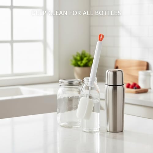 Long Handle Bottle Cleaning Brush with Soft Sponge Head for Deep Cups, Narrow Neck Bottles & Vases - 13 Inch - color: White
