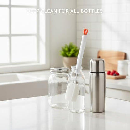 Long Handle Bottle Cleaning Brush with Soft Sponge Head for Deep Cups, Narrow Neck Bottles & Vases - 13 Inch - color: White