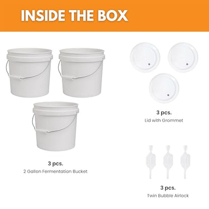 FastRack 2 Gallon Fermentation Bucket with Lid, Grommet & twin bubble airlock (3 Pack)|HDPE Brew Bucket with Handle & Grommeted Lid |BPA-Free Fermenter Ideal for Beer, Wine, Mead, Cider & Food Storage - size: 3 Pack
