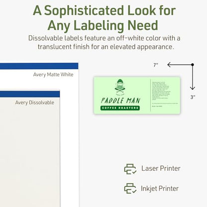 Avery Dissolvable Rectangle Labels, Sure Feed Technology, 3" x 7", Matte White, Print-to-The-Edge, Laser/Inkjet Printable, 30 Labels Total - style: 30 labels