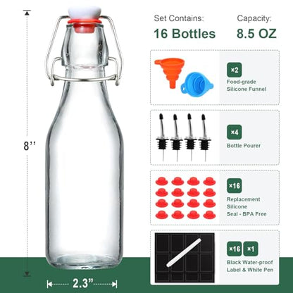 16 Pack 8.5oz Flip Top Glass Bottles, Swing Top Beer Brewing Bottle for 2nd Fermentation, Kombucha, Kefir, Vanilla Extract, Coquito, Juice, Tea - Airtight Stopper Cap Lid, Bonus 4 Bottle Pourers