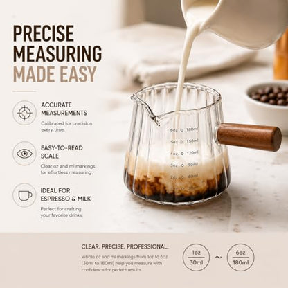 2 Pack Espresso Measuring Cup 6oz, Febwind Ribbed Borosilicate Glass Espresso Shot Cups with Wood Handle, V-Shaped Spout with oz/ml Scale for Coffee and Milk Frothing Clear - color: Clear (2 Pack)