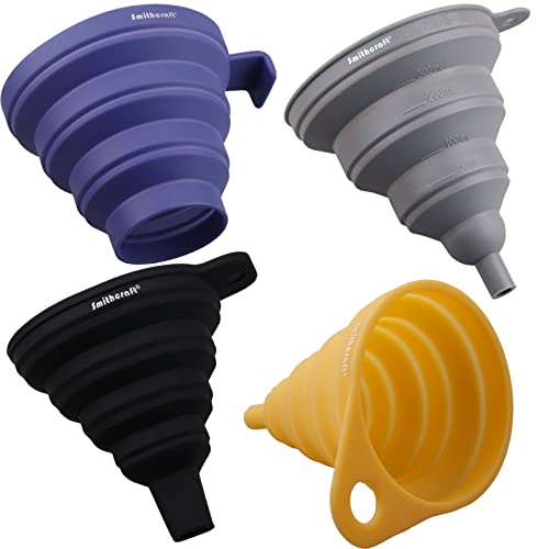 Funnel Set 4, Silicone Funnels for Kitchen, Collapsible Funnels for Water Bottle, Liquid Transfer Folding Camping Funnel with Narrow and Wide Mouth