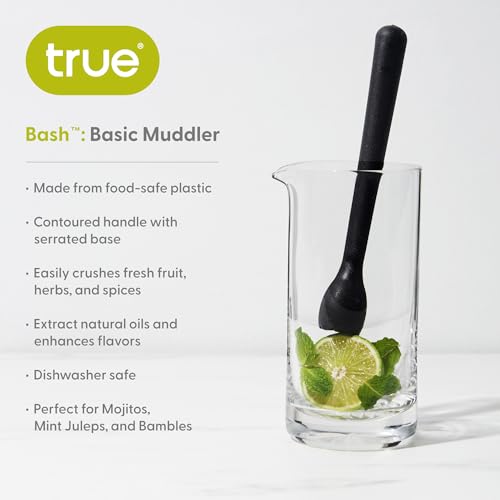 True Bash Muddler for Cocktails, Fruits, Spices, Herbs, Bar Muddler for Mojitos, Mint Juleps, Old Fashioneds, Kitchen and Home Bar Accessories, Bartender Tools, Lemon & Lime Smasher, 8.25", Black - color: Black