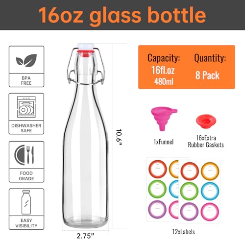 STARSIDE 8-Pack 16oz Swing Top Glass Bottles with Airtight Lids | Flip Top Beer Brewing Bottles with Stopper for Home Brewing, Vanilla Extract, Kombucha, Wine - size: 16 Ounces