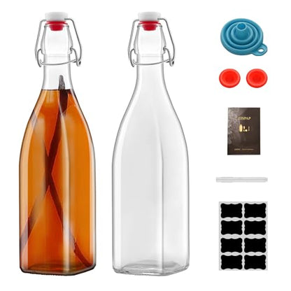 2 Pack 25oz Square Swing Top Glass Bottles, 750ML Bottles with Airtight Stoppers for Kombucha, Kefir, Vanilla Extract, Beer(Bonus Gaskets, Labels and Funnel)