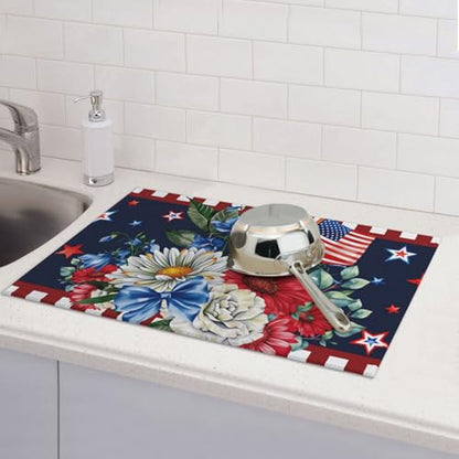 Red White and Stars Patriotic Microfiber Dish Drying Mat 18x24 Inch - Absorbent Non-Slip & Quick Dry Kitchen Counter Dish Drainer Pad, Rustic Farmhouse Style - color: Red White And Stars Patriotic