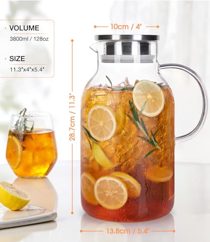 LUNA&MANTHA 1 Gallon Glass Pitcher with Lid and Spout, 128oz Water Pitcher with Handle for Fridge, Large Iced Tea Jug for Juice, Coffee, Sangria, Beverage, Borosilicate Glass Carafe Hot/Cold Drink - color: 1Gallon