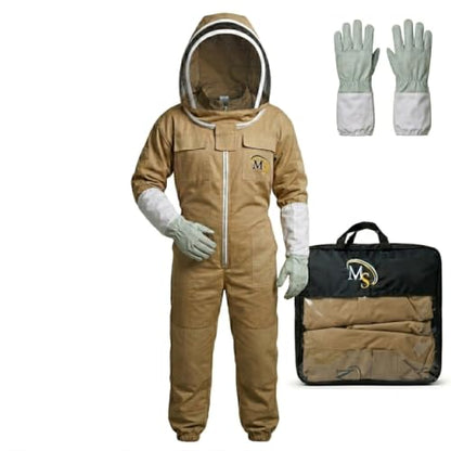 MS Bee Cotton Beekeeper Suit With One Pair Gloves and Fencing Veil - color: Beige, size: X-Large