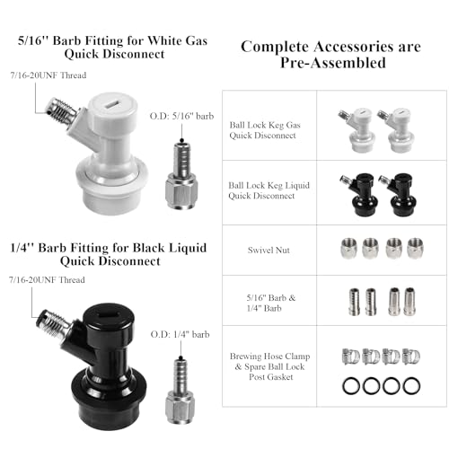 2 Pairs Corny Keg Ball Lock Quick Disconnect Set, Home Brewing Cornelius Keg Parts Ball Lock Keg Fittings with Stainless 5/16'' Gas 1/4'' Beer Barb Swivel Nuts Hose Clamp for Keg Post Coupler - size: 2 Pairs