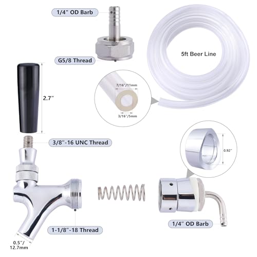 Draft Beer Faucet Beer Line Shank Kit Kegerator Parts Beer Tower Dispenser Replacement Set, Self-Closing Beer Tap 3/16” ID Beer Tubing 1/4" Keg Coupler Barb