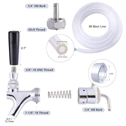 Draft Beer Faucet Beer Line Shank Kit Kegerator Parts Beer Tower Dispenser Replacement Set, Self-Closing Beer Tap 3/16” ID Beer Tubing 1/4" Keg Coupler Barb