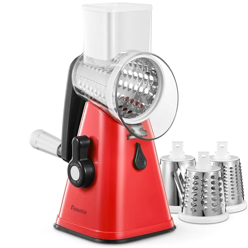 Rotary Cheese Grater with Handle, Reemix Vegetable Cheese Shredder Slicer Grater for Kitchen 3 Changeable Blades for Cheese Potato Zucchini Nuts Chocolate (Red) - color: Red