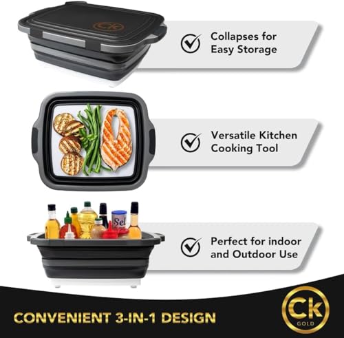 Collapsible BBQ Prep Tub - Includes Cutting Board, LOCKING Lid & Strong Drain Hole for Meal Prep & Marinating | BPA-Free, Food-Grade BBQ & Meat Prep Tubs, Best Grilling Gifts (Black, 8 L) - color: Black, size: 8 Liters