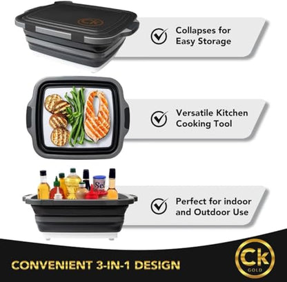 Collapsible BBQ Prep Tub - Includes Cutting Board, LOCKING Lid & Strong Drain Hole for Meal Prep & Marinating | BPA-Free, Food-Grade BBQ & Meat Prep Tubs, Best Grilling Gifts (Black, 8 L) - color: Black, size: 8 Liters