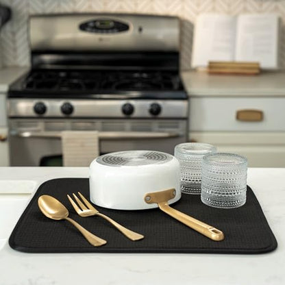 S&T INC. Dish Drying Mat, 16” x 18”, Absorbent Microfiber Kitchen Counter Mat, Dish Drying Pad for Dishes, Utensils, Pots and Pans, Large, Black - size: 16" x 18"