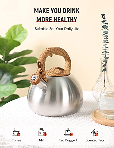 BELANKO 2.7 Quart Tea Kettle for Stovetops - Food Grade Stainless Steel Teapot with Loud Whistle, Cool-Touch Wood Pattern Handle, Rust-Resistant Whistling Kettle - Classic Silver - color: Classic Silver