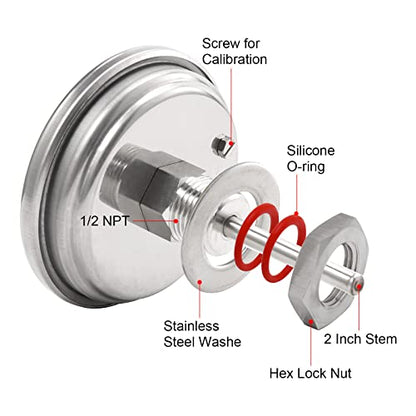 Stainless Steel Kettle Thermometer for Home Brewing, 1/2 NPT with Lock Nut & O-Ring (3" Face)