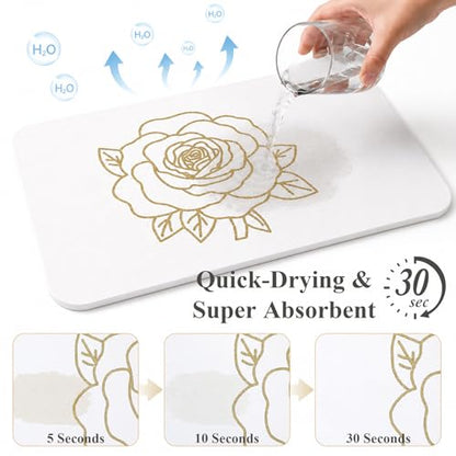 Stone Dish Drying Mat for Kitchen Counter, Glittery Resin Rose Pattern Quick Drying Mat, Water Absorbing Diatomaceous Pad for Plate Bottle Utensil Rack,Space Saving (Gold & White, 16"×12")