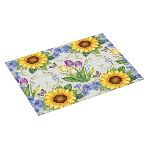 Kitchen Drying Mat for Countertop Sunflower Tulip Floral Garden Pattern Non-Slip Kitchen Counter Mat for Dishes Glassware - color: Yellow Purple