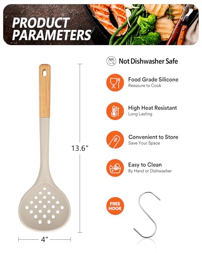 Kitchen Ladle Strainer, Large Slotted Spoon with High Heat Resistant BPA Free, Non Stick Cooking Skimmers For Draining & Frying, 13.2inch (Khaki) - color: Khaki