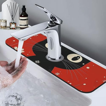 Kitchen Sink Faucet Mat Splash Guard, Christmas Black Cat Red Flowers Snow Super Absorbent Drying Mat, Non-Slip Drain Pad for Bathroom Counter - color: Black Cat Red Flowers Snow