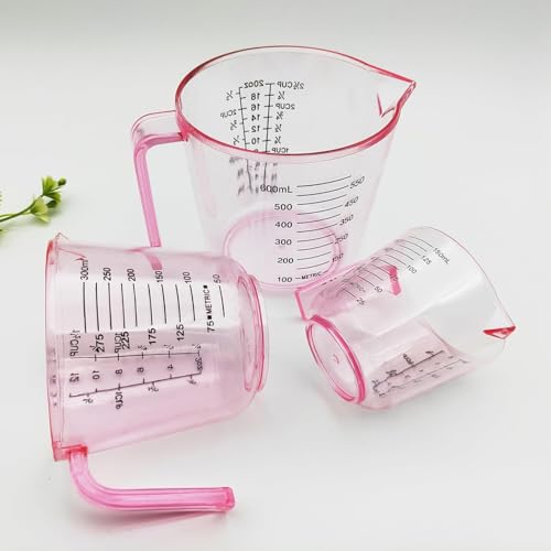 Plastic Measuring Cup Clear Graduated Measuring Cups Plastic Mug with Spout and Handles Ounce and Ml Cup Marking for Recipe Ingredient, Flour, Water, Liquid (2 ½ cup 600ml pink)