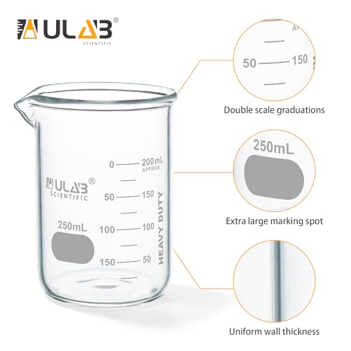 ULAB Scientific Glass Beaker Set, Vol. 250ml, 3.3 Borosilicate Griffin Low Form with Printed Graduation, Pack of 4, UBG1015 - style: Vol.250ml,Pack of 4
